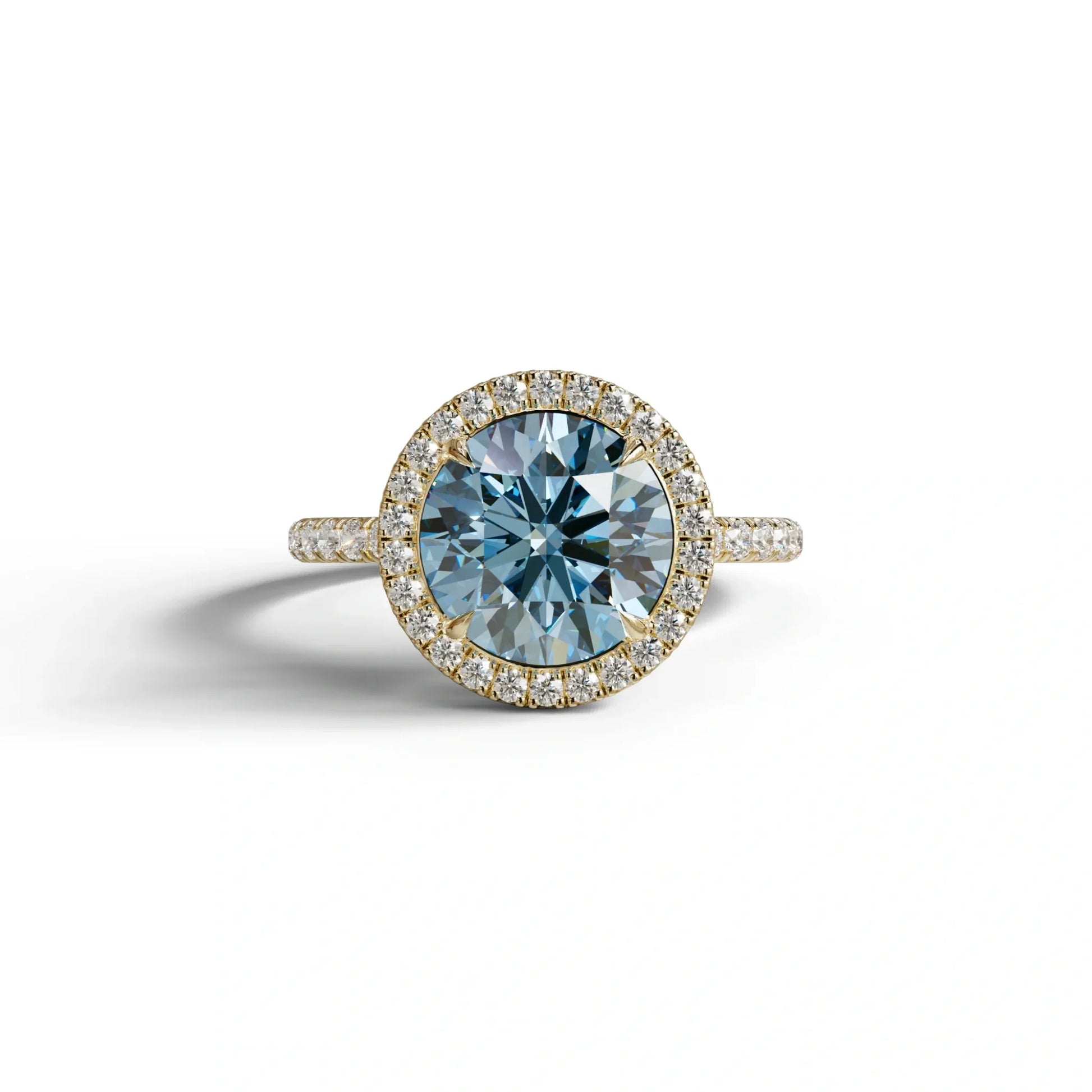 Fancy Blue Round Cut Halo & Pave Lab Grown Diamond Engagement Ring - Flutura - 2 Carat / 10K Solid Gold / Yellow Gold