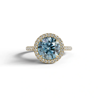 Fancy Blue Round Cut Halo & Pave Lab Grown Diamond Engagement Ring - Flutura - 2 Carat / 10K Solid Gold / Yellow Gold