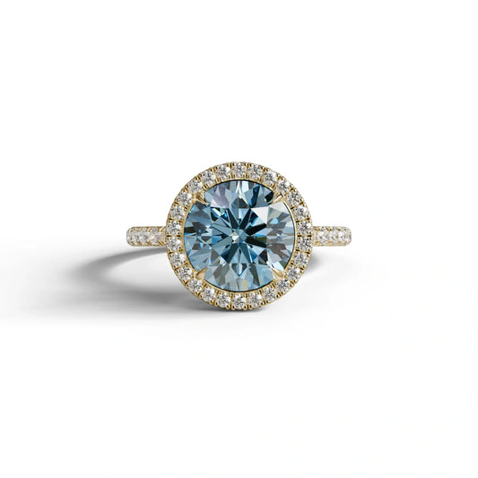 Fancy Blue Round Cut Halo & Pave Lab Grown Diamond Engagement Ring - Flutura - 2 Carat / 10K Solid Gold / Yellow Gold