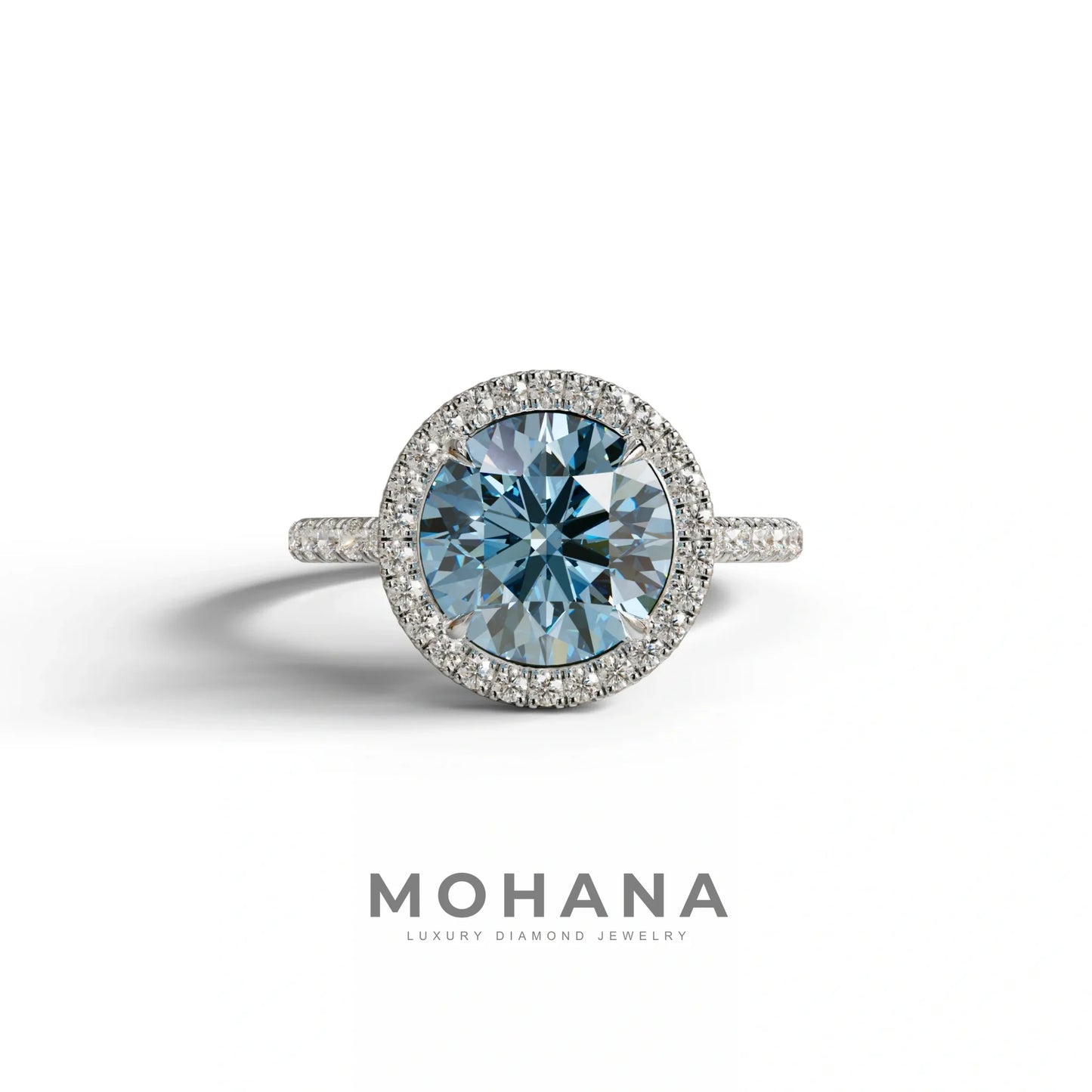 Fancy Blue Round Cut Halo & Pave Lab Grown Diamond Engagement Ring - Flutura - 2 Carat / 10K Solid Gold / White Gold