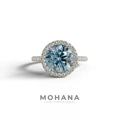 Fancy Blue Round Cut Halo & Pave Lab Grown Diamond Engagement Ring - Flutura - 2 Carat / 10K Solid Gold / White Gold