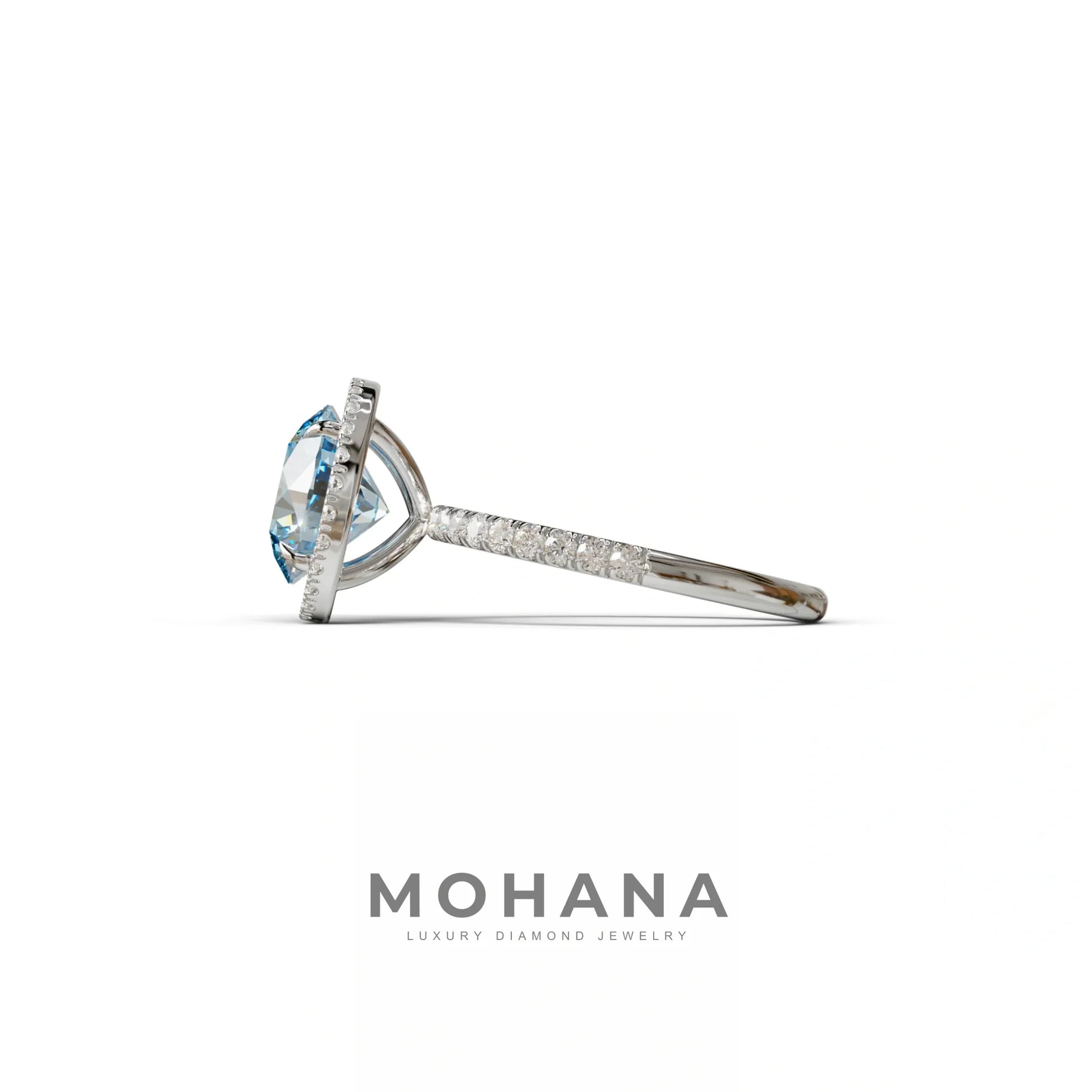 Fancy Blue Round Cut Halo & Pave Lab Grown Diamond Engagement Ring - Flutura