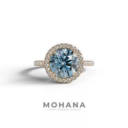 Fancy Blue Round Cut Halo & Pave Lab Grown Diamond Engagement Ring - Flutura - 2 Carat / 10K Solid Gold / Rose Gold