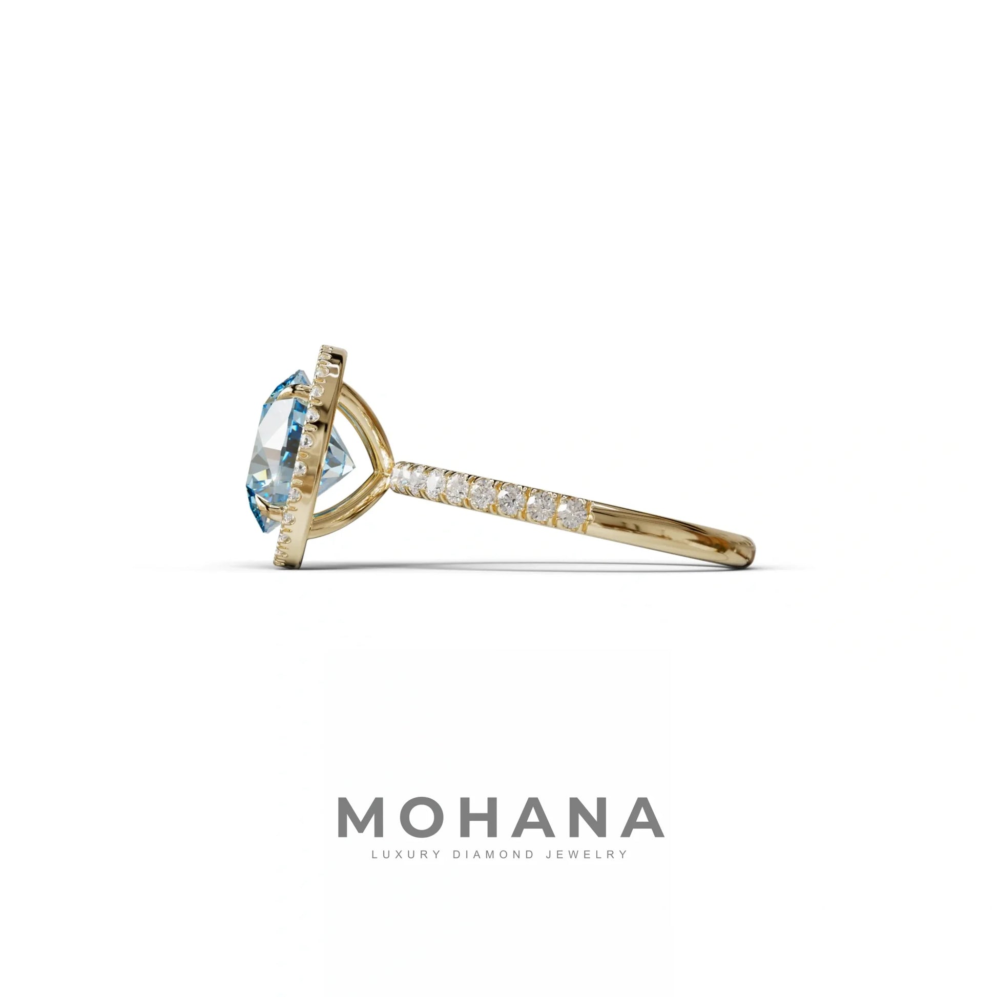 Fancy Blue Round Cut Halo & Pave Lab Grown Diamond Engagement Ring - Flutura