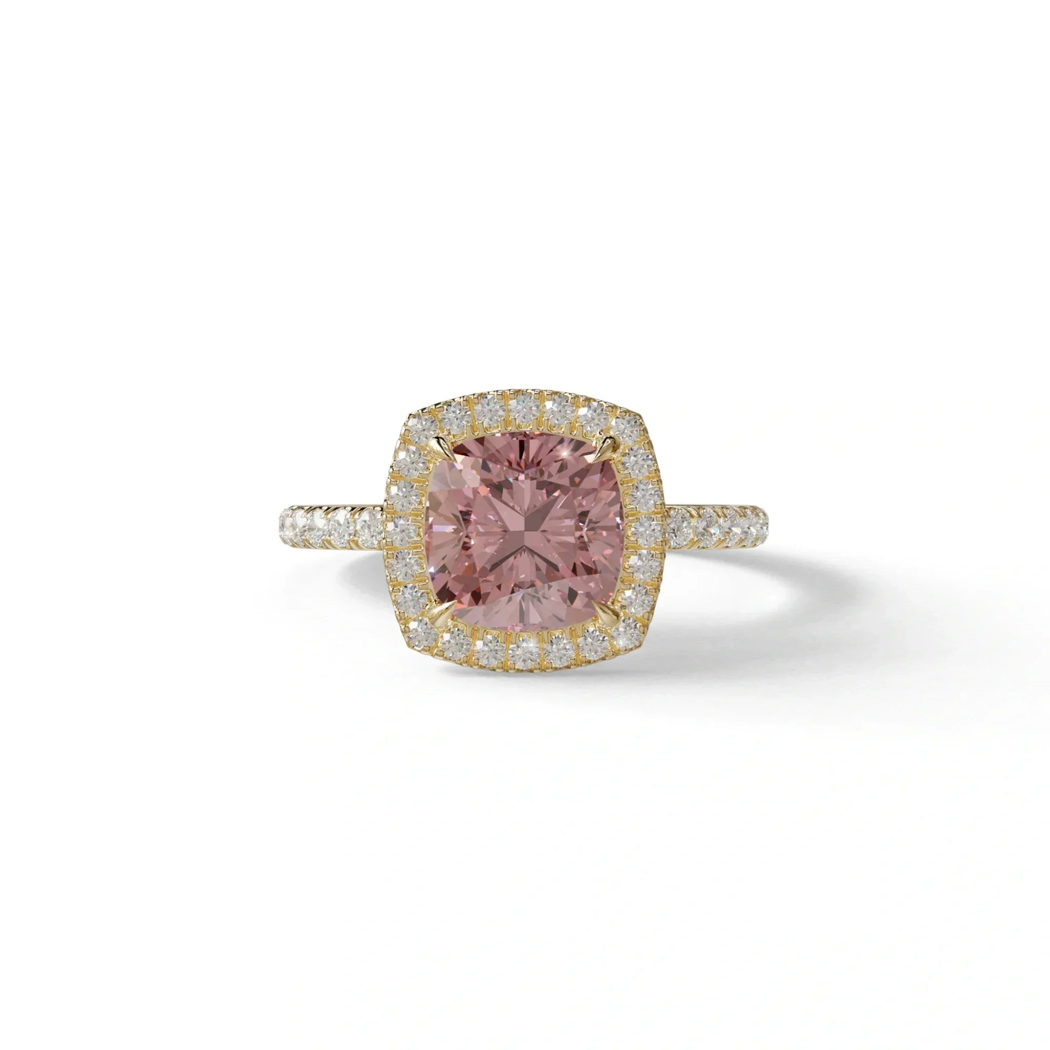 Pink Cushion Cut Halo & Pave Lab Grown Diamond Engagement Ring - Rosa - 2 Carat / 10K Solid Gold / Yellow Gold