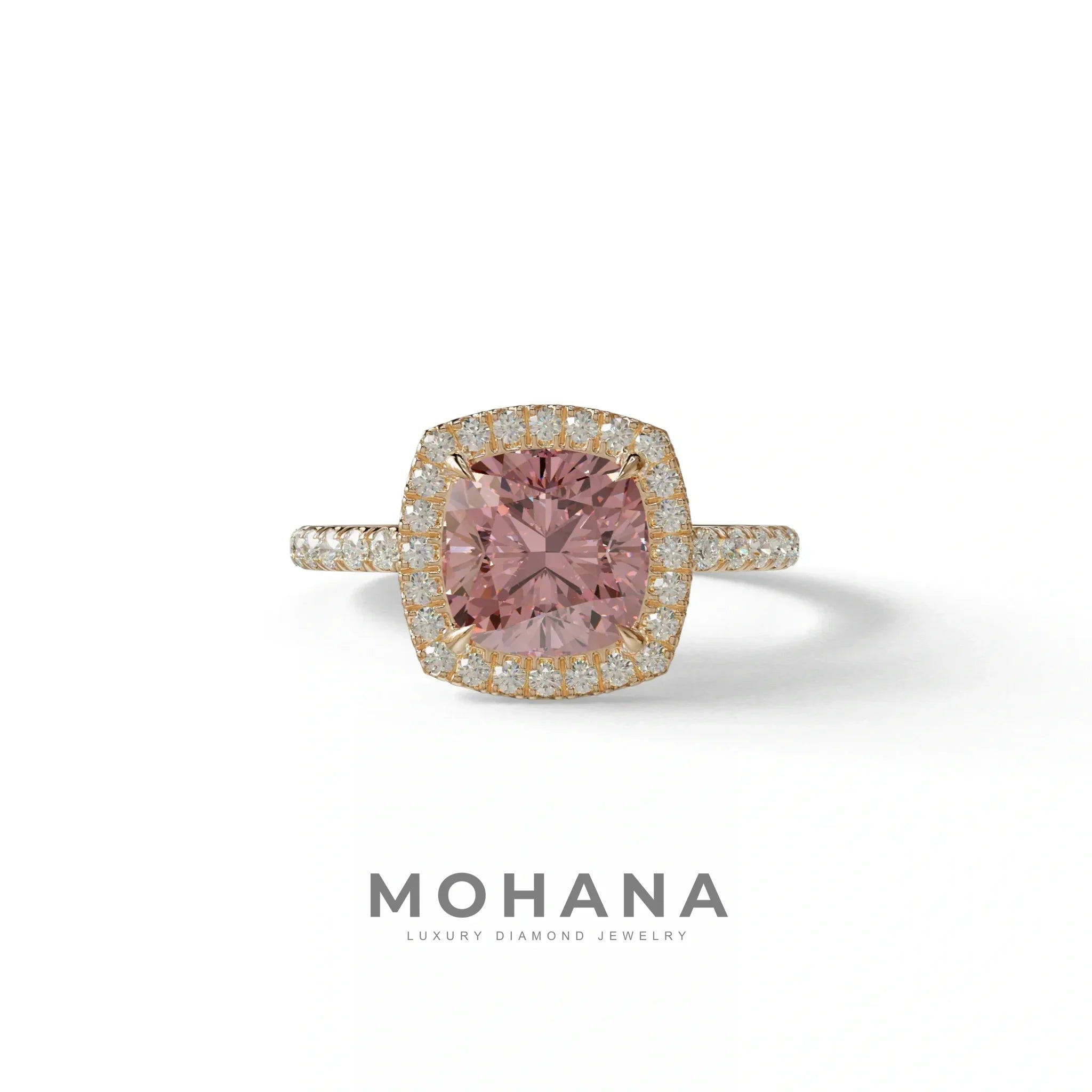 Pink Cushion Cut Halo & Pave Lab Grown Diamond Engagement Ring - Rosa - 2 Carat / 10K Solid Gold / Rose Gold