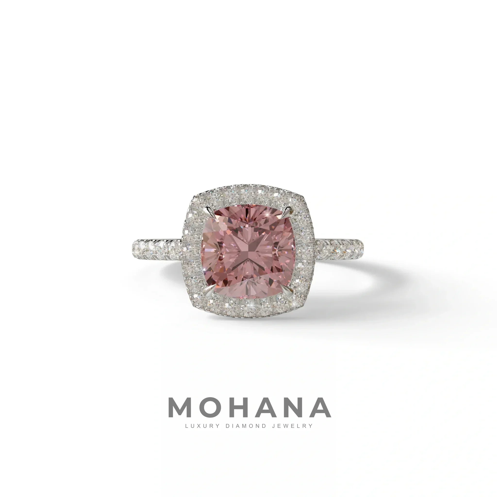 Pink Cushion Cut Halo & Pave Lab Grown Diamond Engagement Ring - Rosa - 2 Carat / 10K Solid Gold / White Gold