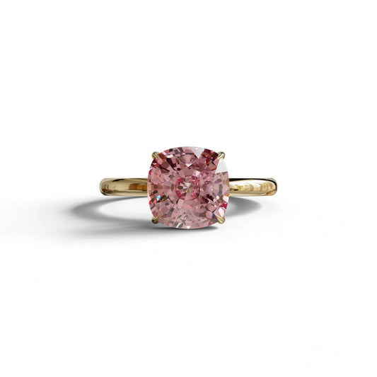Pink Cushion Cut Solitaire Lab Grown Diamond Engagement Ring - Mesmera - 2 Carat / 10K Solid Gold / Yellow Gold