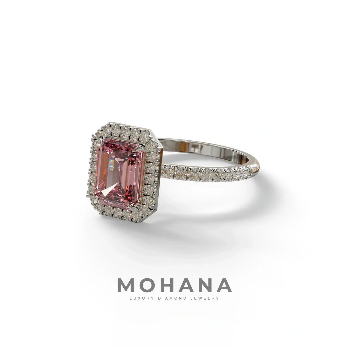 Pink Emerald Cut Halo & Pave Lab Grown Diamond Engagement Ring - Viola