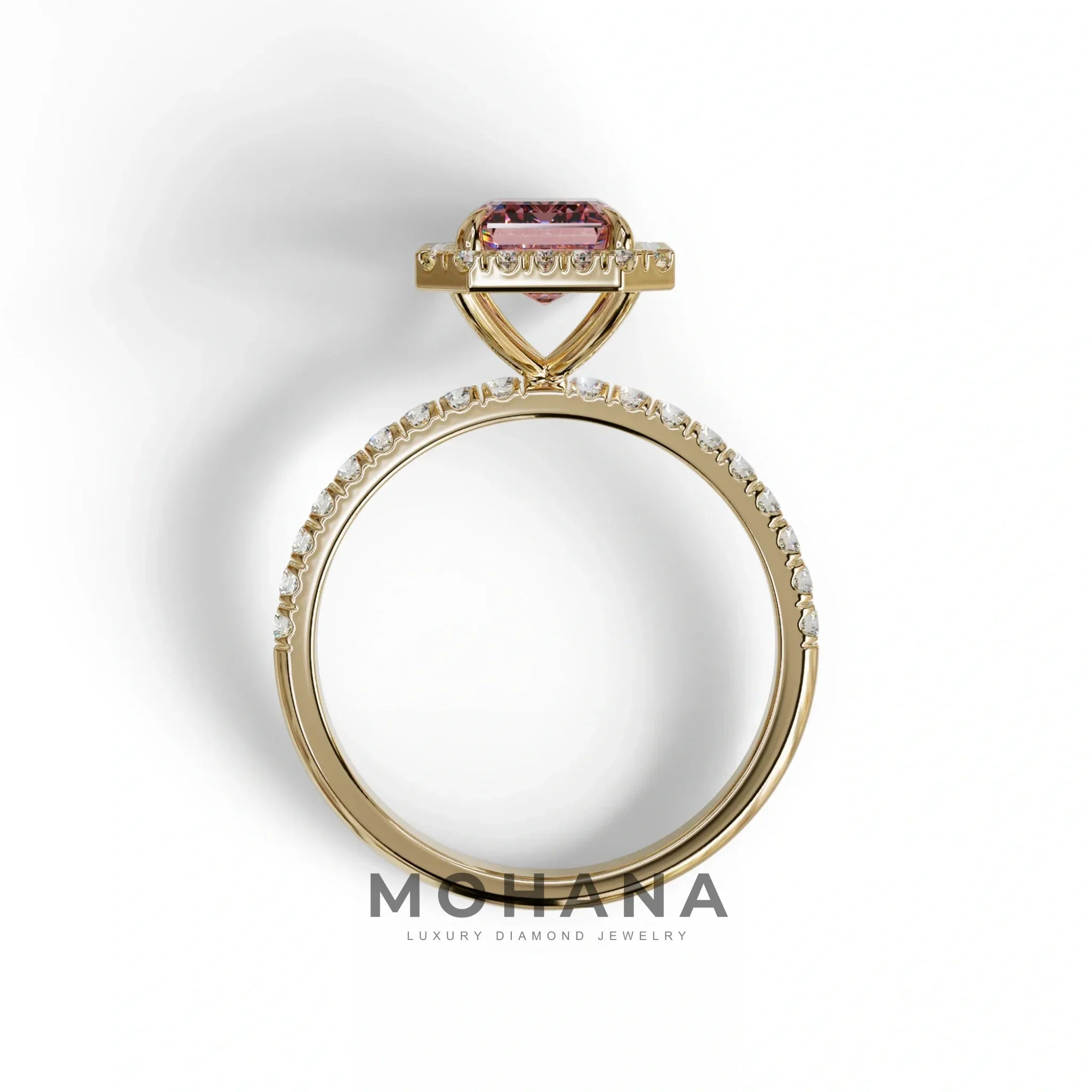 Pink Emerald Cut Halo & Pave Lab Grown Diamond Engagement Ring - Viola