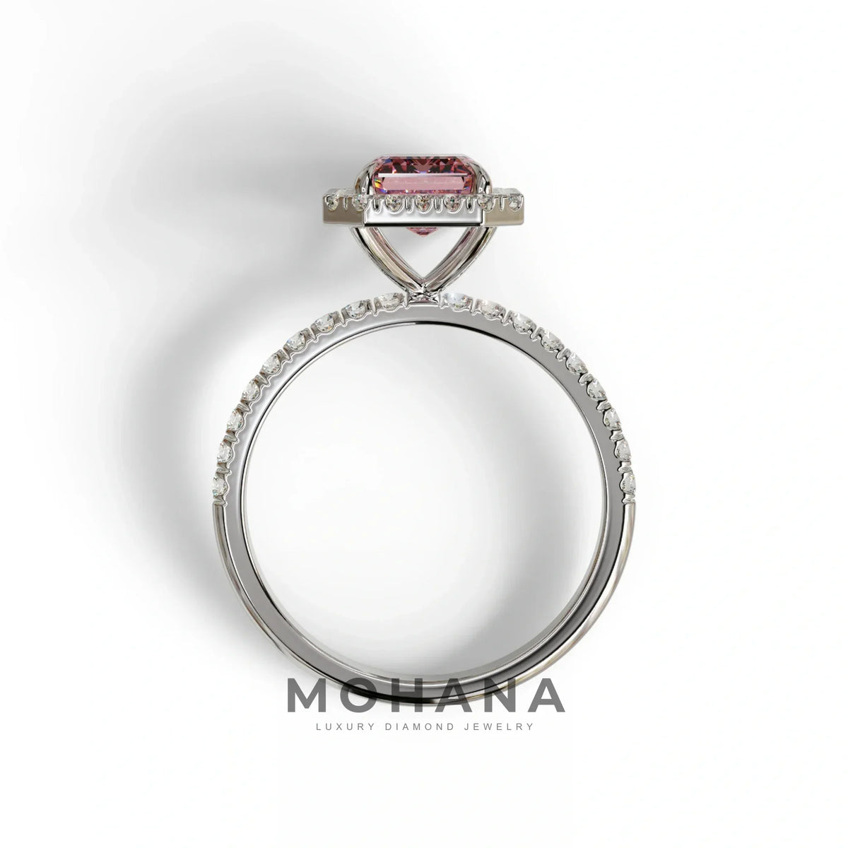 Pink Emerald Cut Halo & Pave Lab Grown Diamond Engagement Ring - Viola