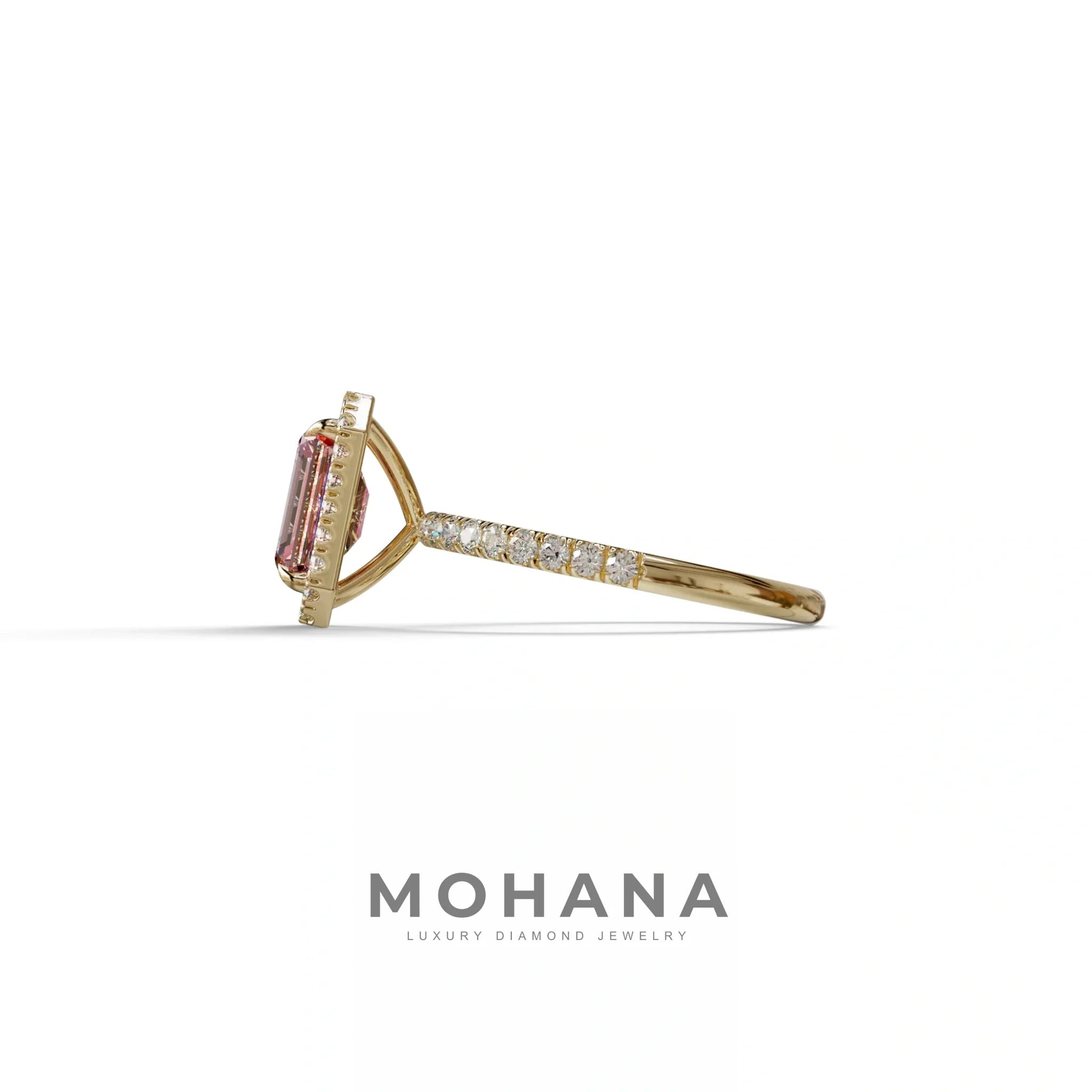 Pink Emerald Cut Halo & Pave Lab Grown Diamond Engagement Ring - Viola