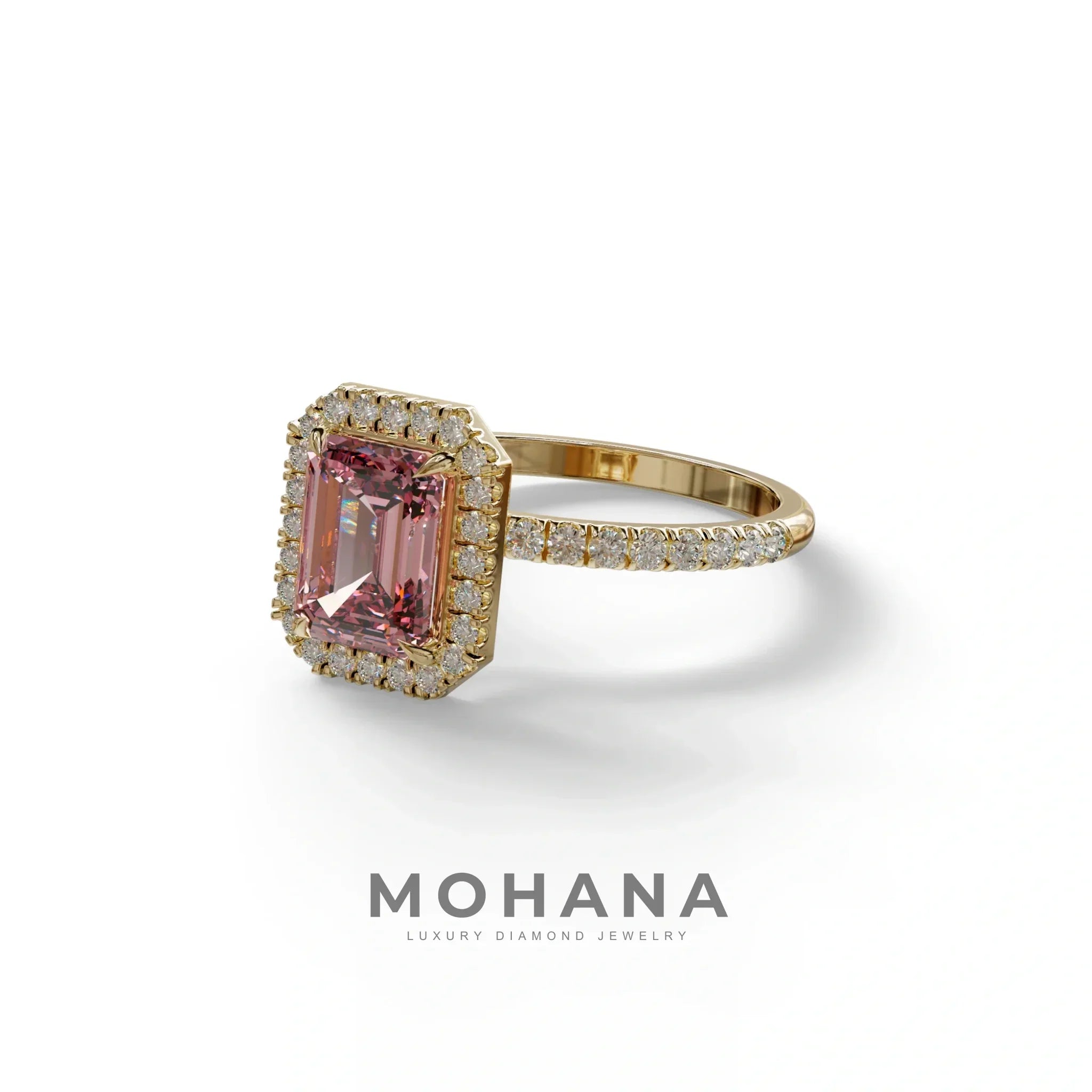 Pink Emerald Cut Halo & Pave Lab Grown Diamond Engagement Ring - Viola