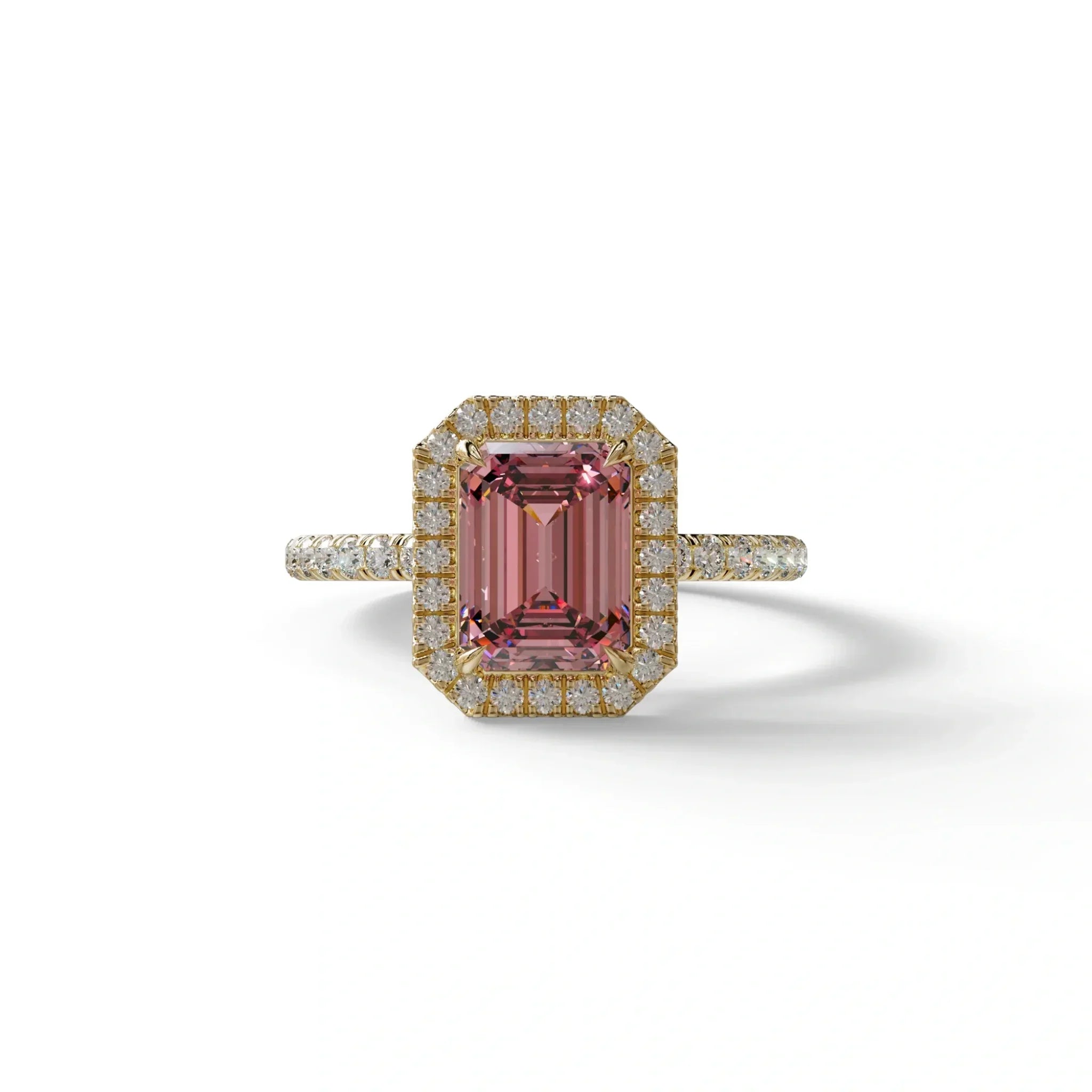 Pink Emerald Cut Halo & Pave Lab Grown Diamond Engagement Ring - Viola - 2 Carat / 10K Solid Gold / Yellow Gold