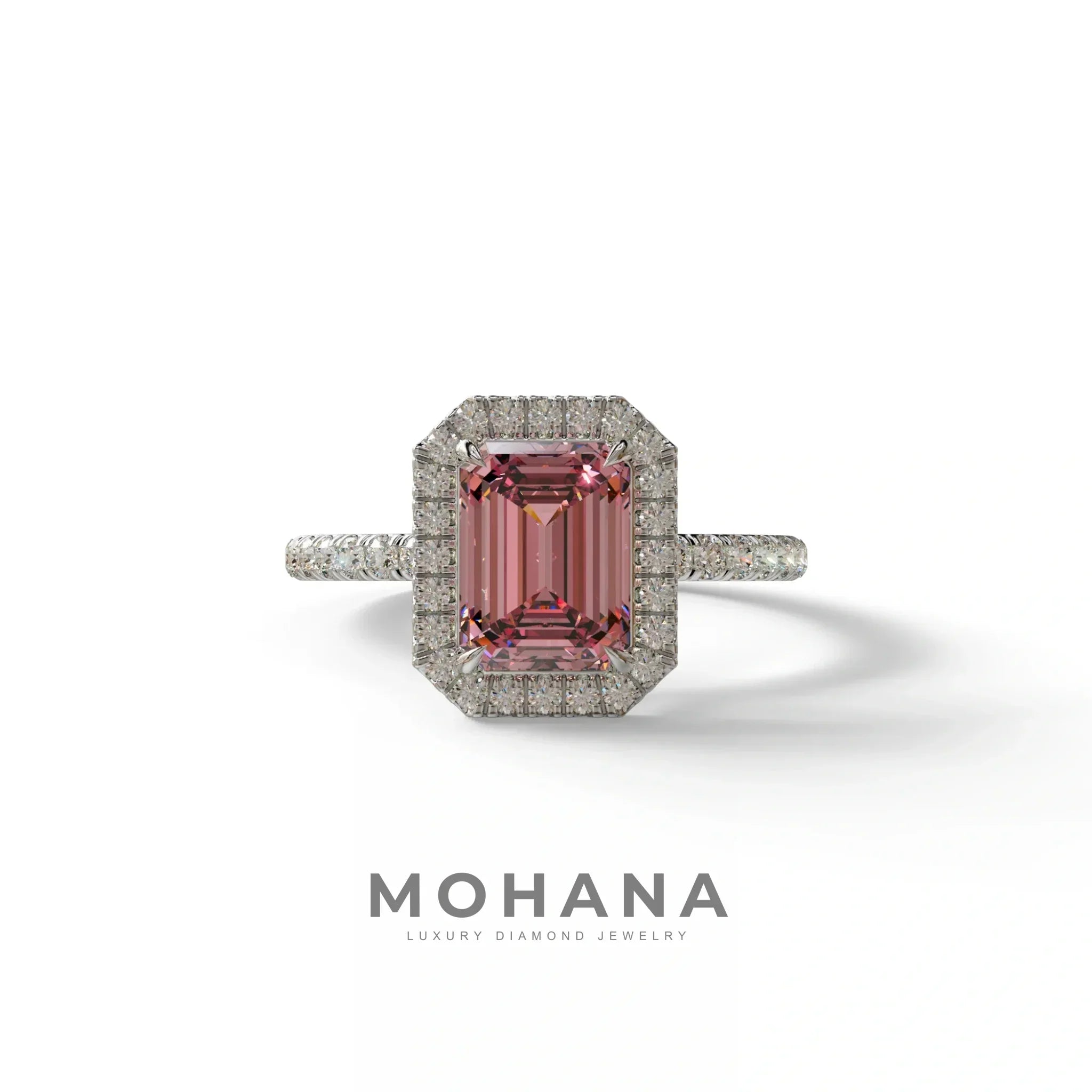 Pink Emerald Cut Halo & Pave Lab Grown Diamond Engagement Ring - Viola - 2 Carat / 10K Solid Gold / White Gold