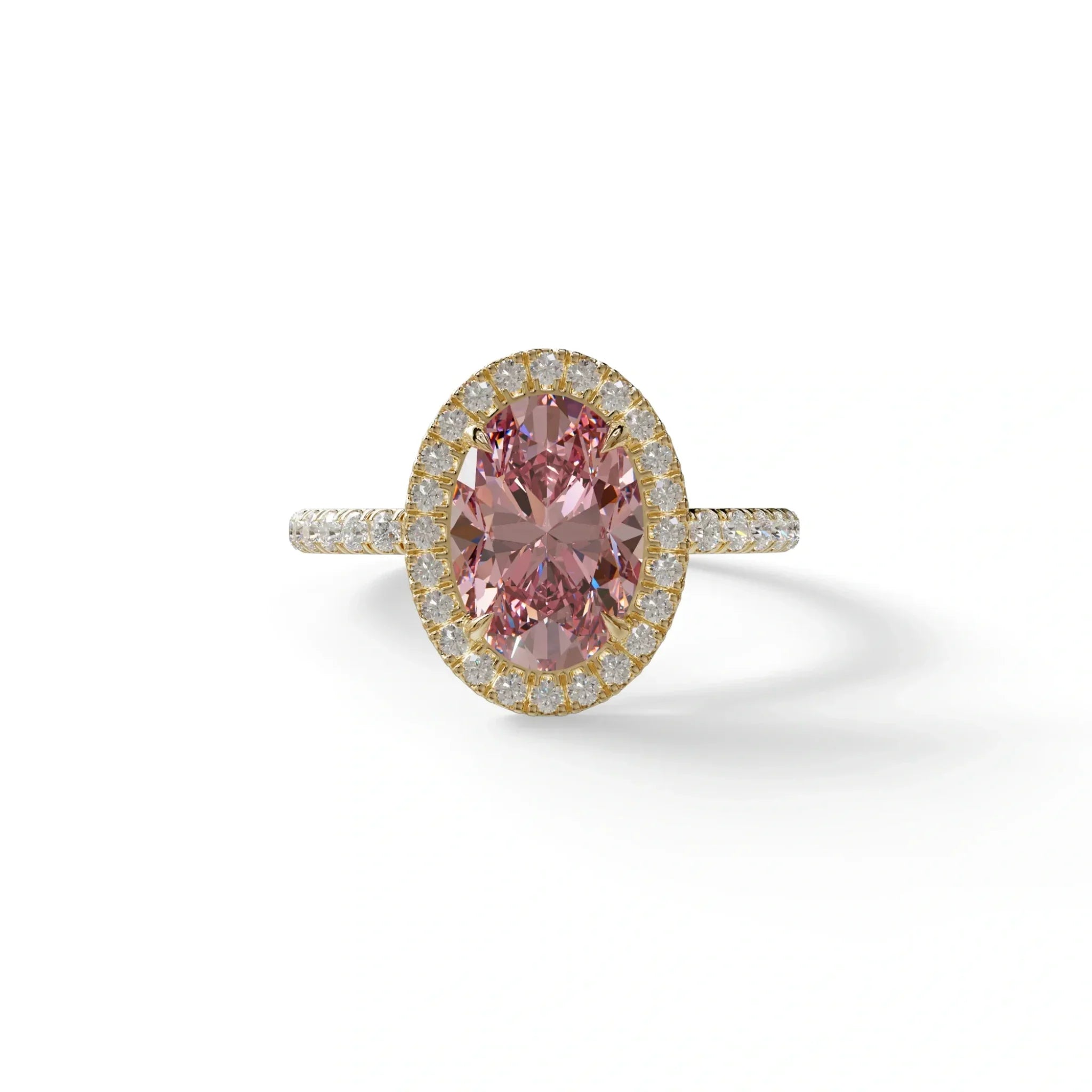 Pink Oval Cut Halo & Pave Lab Grown Diamond Engagement Ring - AnnaBella - 2 Carat / 10K Solid Gold / Yellow Gold