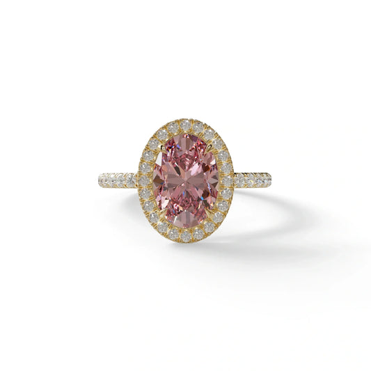 Pink Oval Cut Halo & Pave Lab Grown Diamond Engagement Ring - AnnaBella - 2 Carat / 10K Solid Gold / Yellow Gold