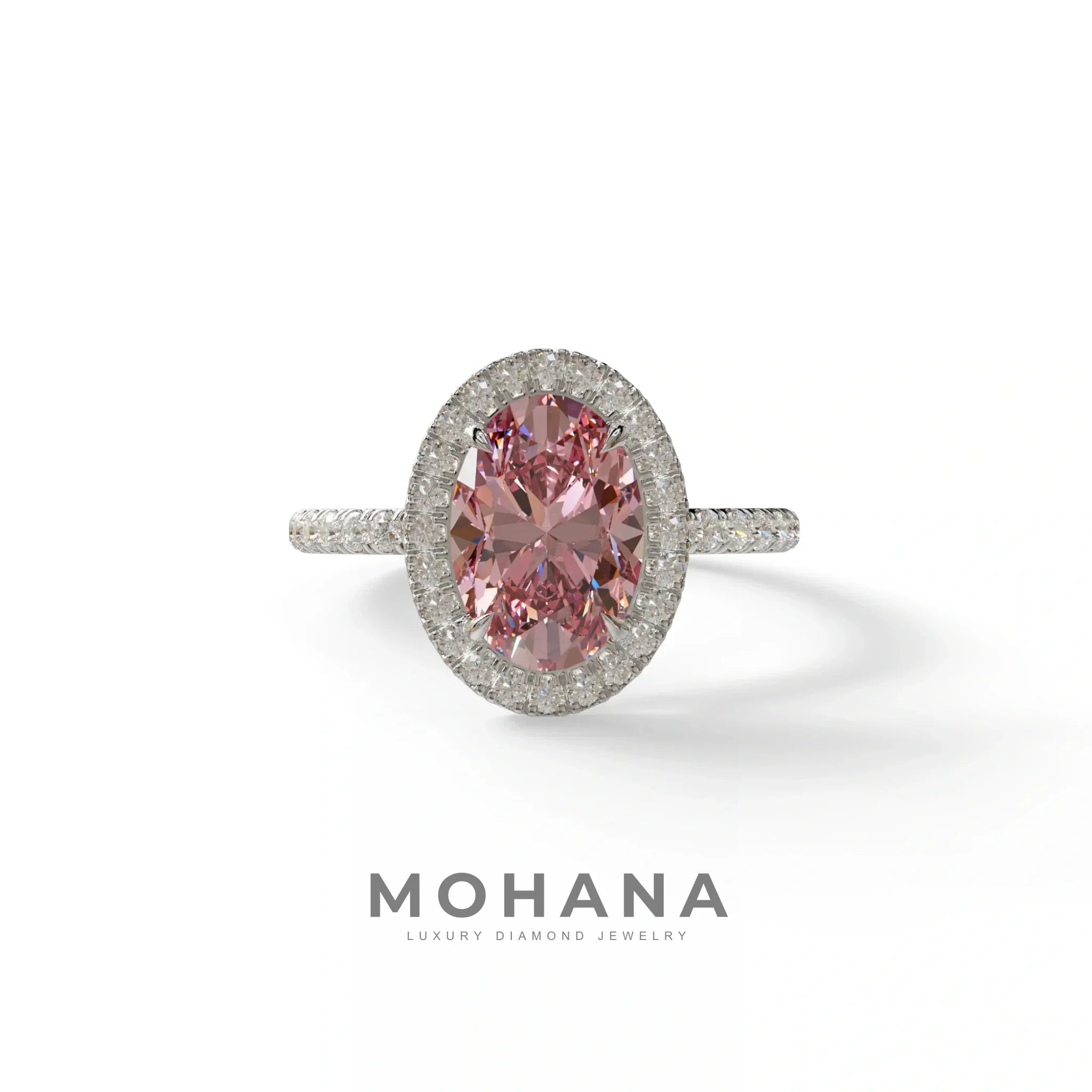 Pink Oval Cut Halo & Pave Lab Grown Diamond Engagement Ring - AnnaBella - 2 Carat / 10K Solid Gold / White Gold