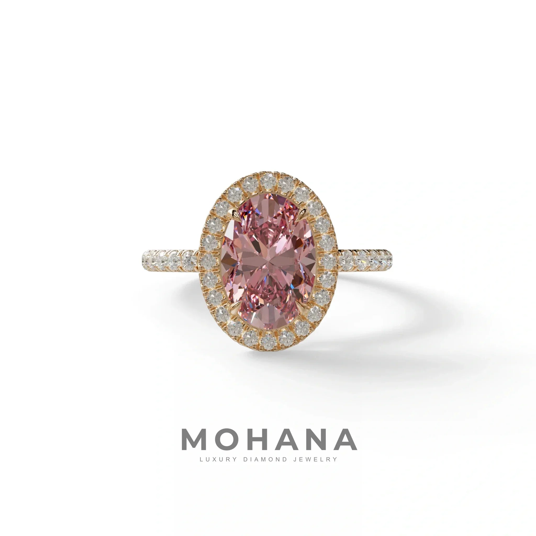 Pink Oval Cut Halo & Pave Lab Grown Diamond Engagement Ring - AnnaBella - 2 Carat / 10K Solid Gold / Rose Gold
