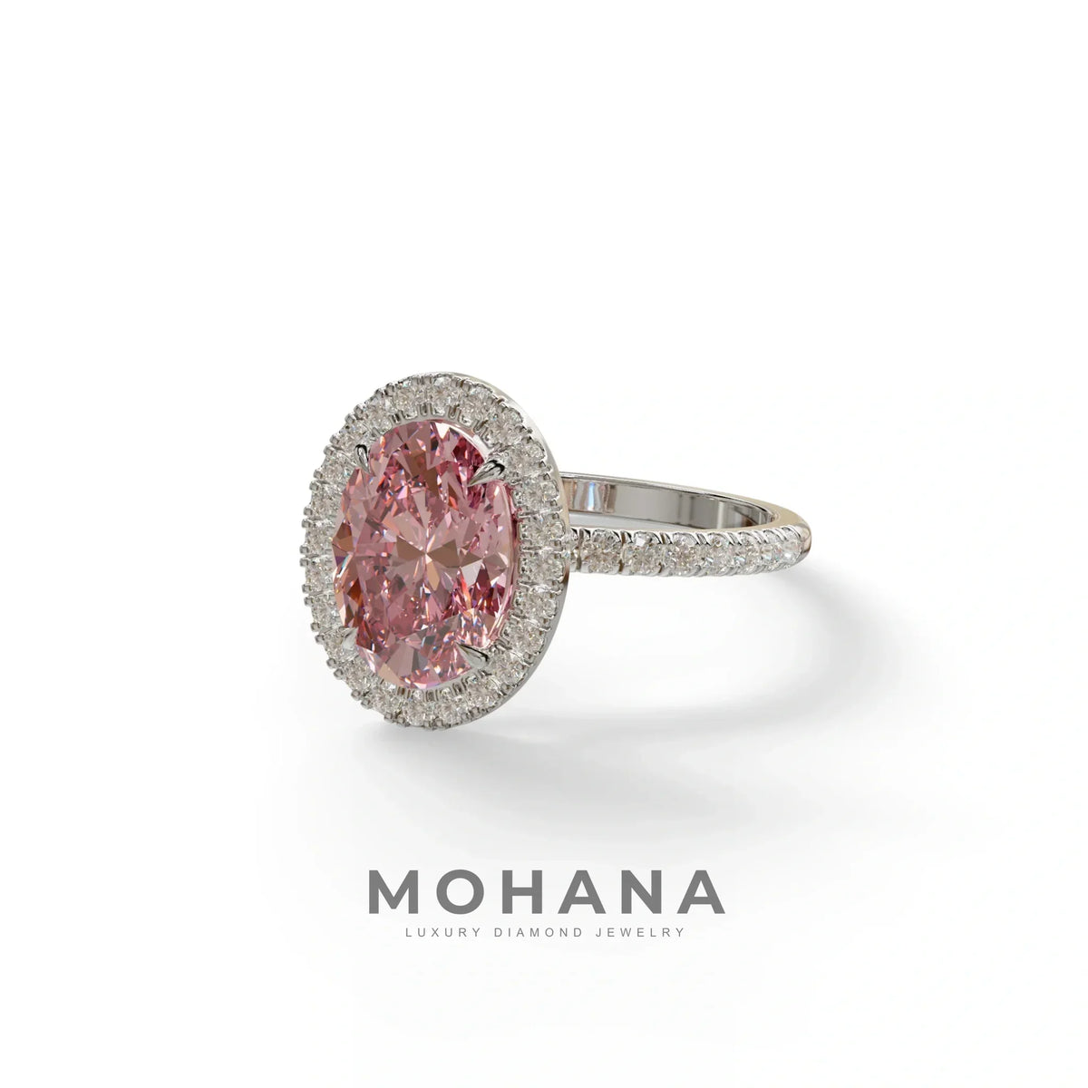 Pink Oval Cut Halo & Pave Lab Grown Diamond Engagement Ring - AnnaBella