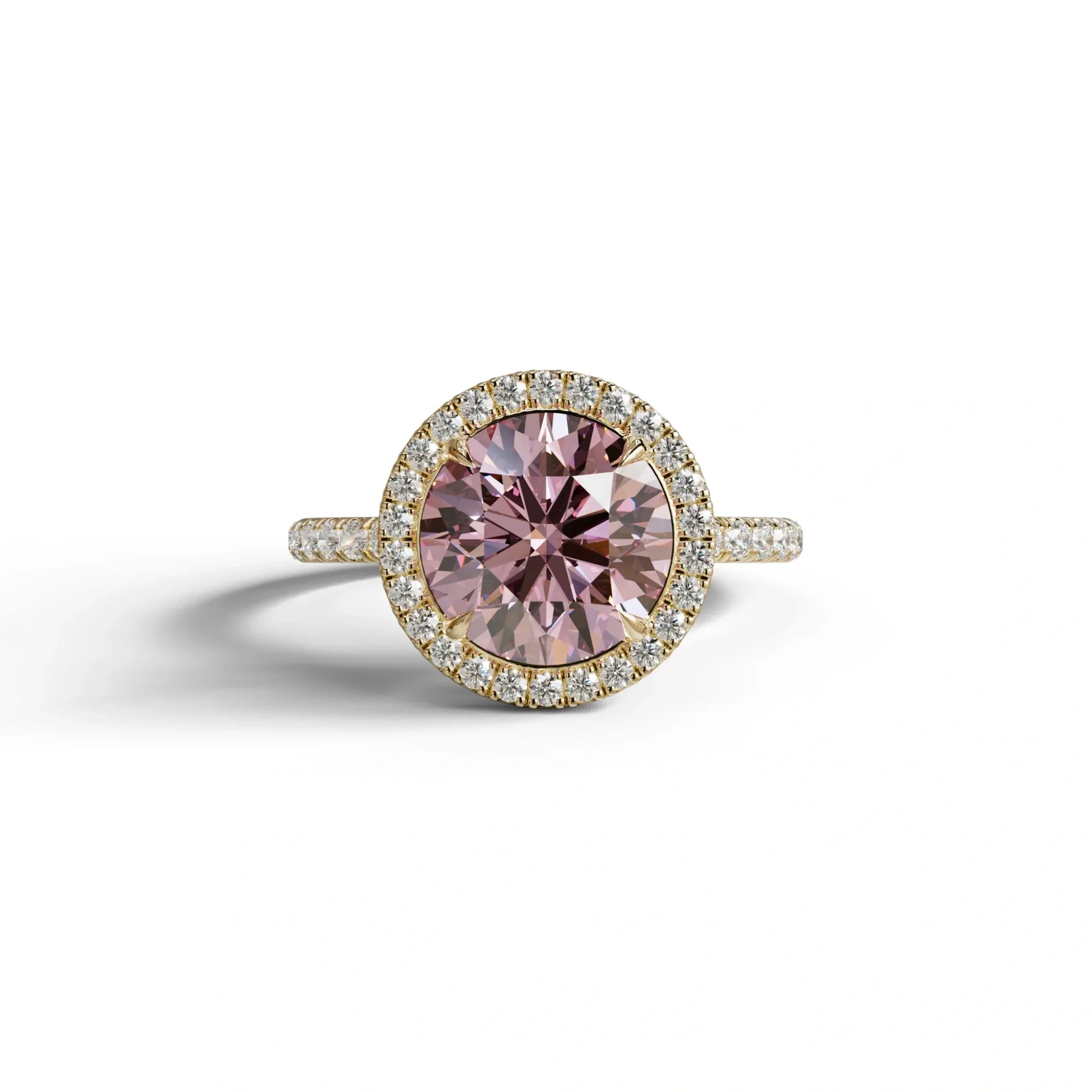 Halo & Pave Setting Round Pink Lab Diamond Ring - Flutura - 2 Carat / 10K Solid Gold / Yellow Gold