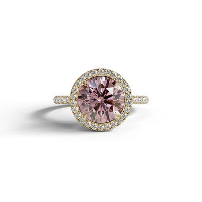 Halo & Pave Setting Round Pink Lab Diamond Ring - Flutura - 2 Carat / 10K Solid Gold / Yellow Gold