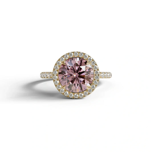 Halo & Pave Setting Round Pink Lab Diamond Ring - Flutura - 2 Carat / 10K Solid Gold / Yellow Gold