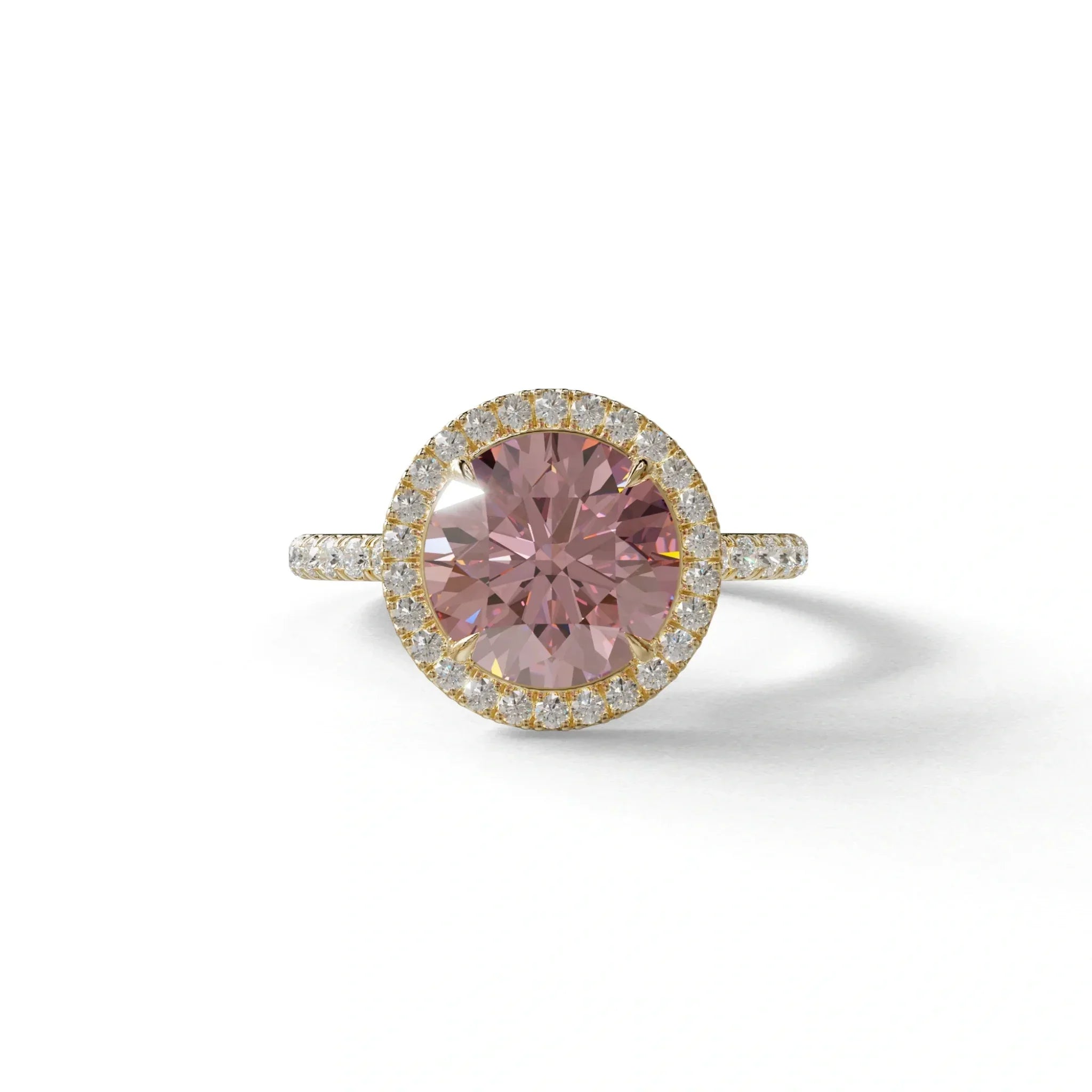 Fancy Pink Round Cut Halo & Pave Lab Grown Diamond Engagement Ring - Flutura - 2 Carat / 10K Solid Gold / Yellow Gold