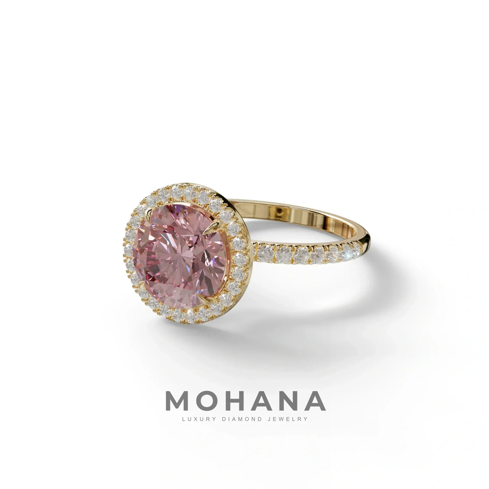 Fancy Pink Round Cut Halo & Pave Lab Grown Diamond Engagement Ring - Flutura