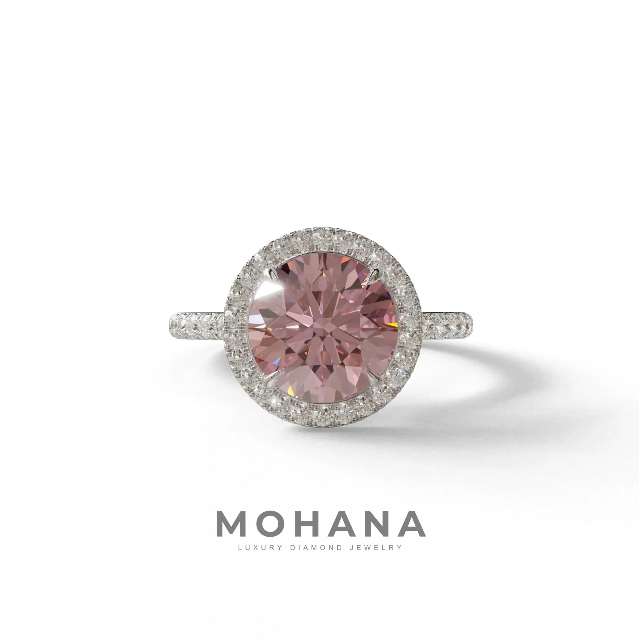Fancy Pink Round Cut Halo & Pave Lab Grown Diamond Engagement Ring - Flutura - 2 Carat / 10K Solid Gold / White Gold
