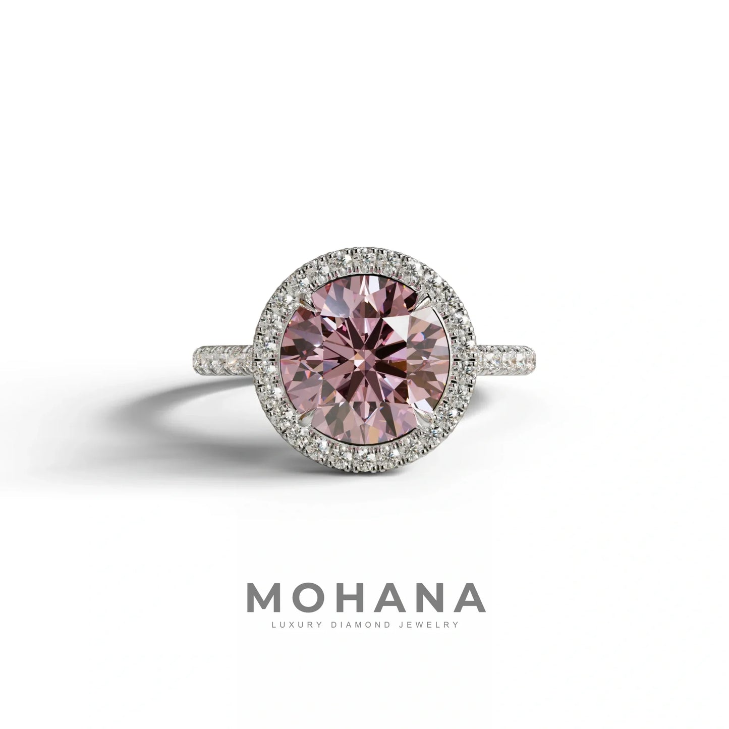 Halo & Pave Setting Round Pink Lab Diamond Ring - Flutura - 2 Carat / 10K Solid Gold / White Gold