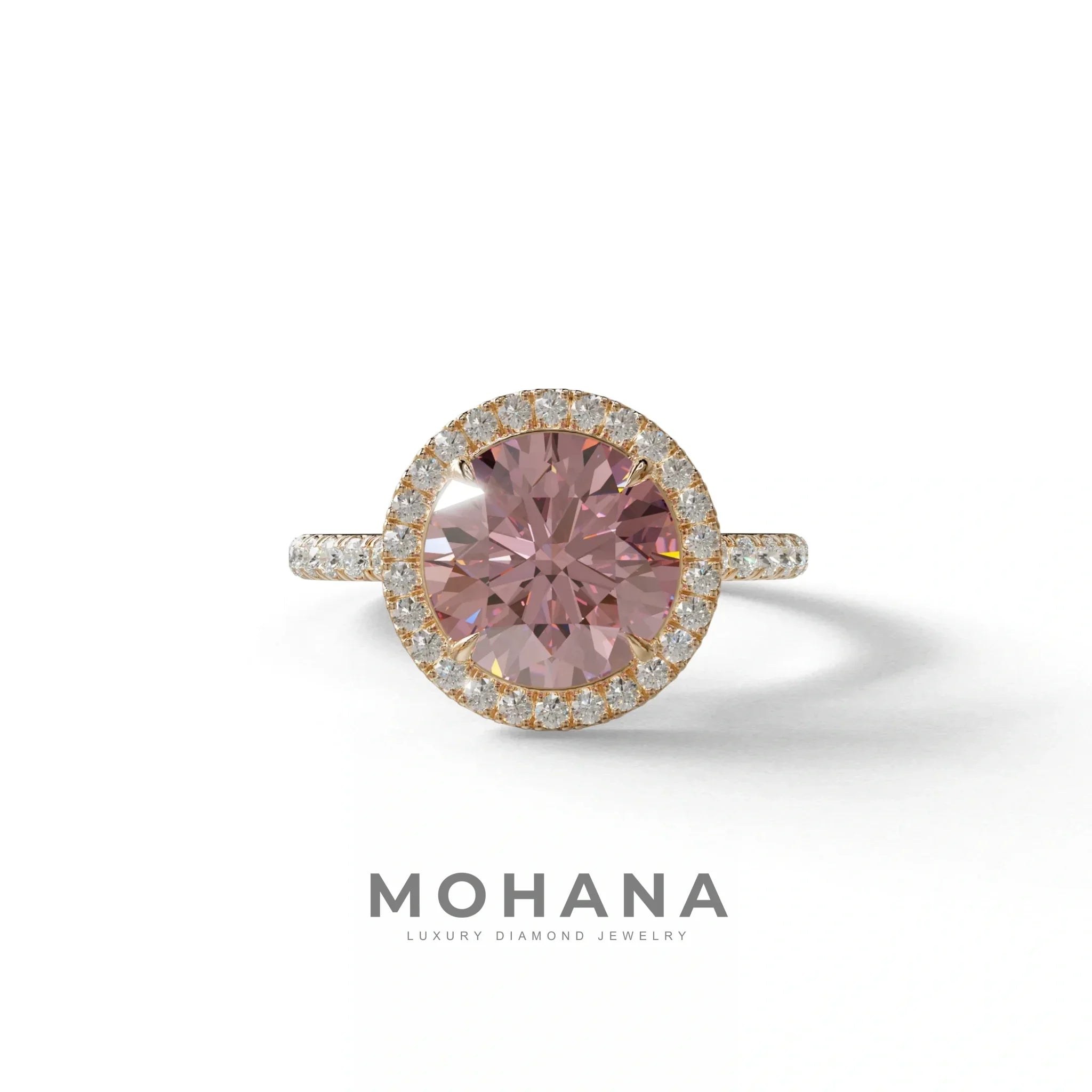 Fancy Pink Round Cut Halo & Pave Lab Grown Diamond Engagement Ring - Flutura - 2 Carat / 10K Solid Gold / Rose Gold