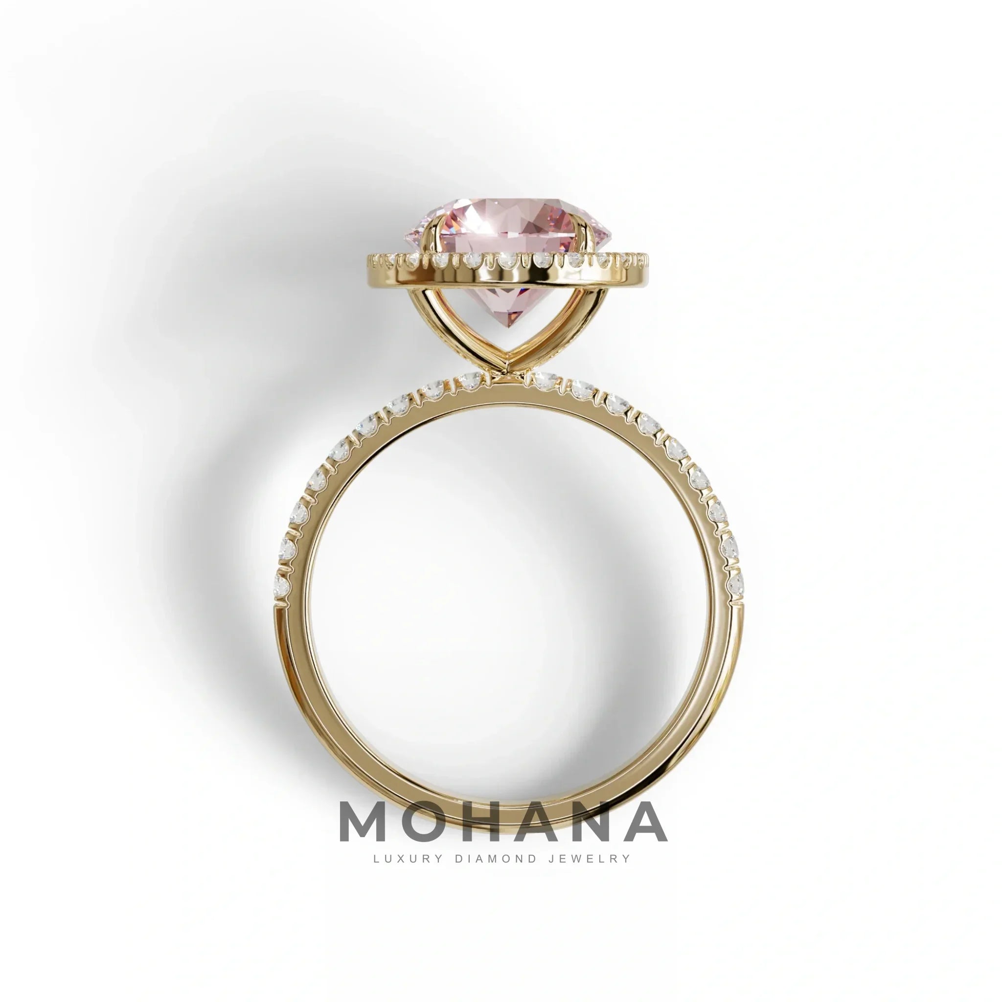 Fancy Pink Round Cut Halo & Pave Lab Grown Diamond Engagement Ring - Flutura