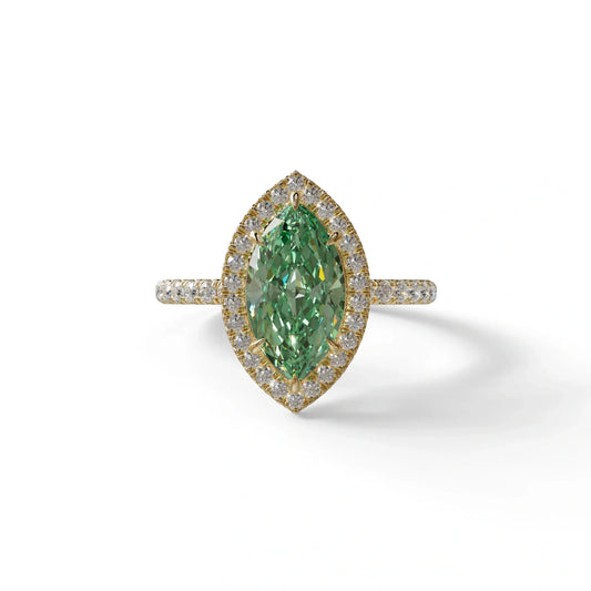 Green Marquise Cut Halo & Pave Lab Grown Diamond Engagement Ring - Simplicity - 2 Carat / 10K Solid Gold / Yellow Gold