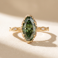 Custom Fancy Vivid Green Marquise Lab Grown Diamond Engagement Ring with Floral Hidden Halo – front view