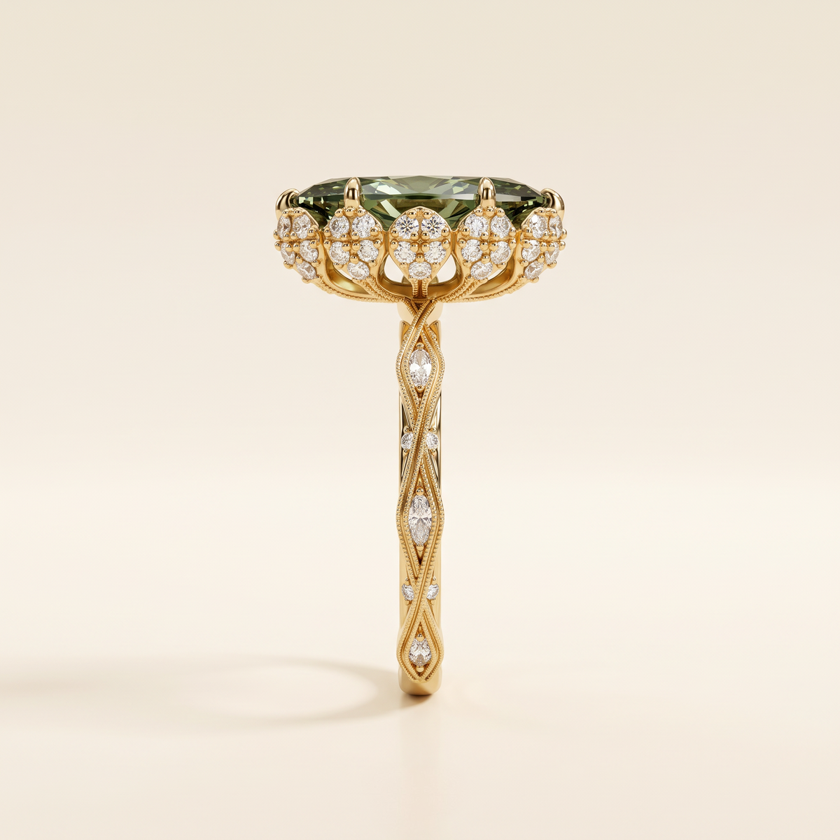 Custom Fancy Vivid Green Marquise Lab Grown Diamond Engagement Ring with Floral Hidden Halo – side profile showing the floral hidden-halo crown