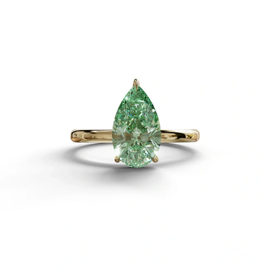 Green Pear Cut Solitaire Lab Grown Diamond Engagement Ring - Maniola - 2 Carat / 10K Solid Gold / Yellow Gold
