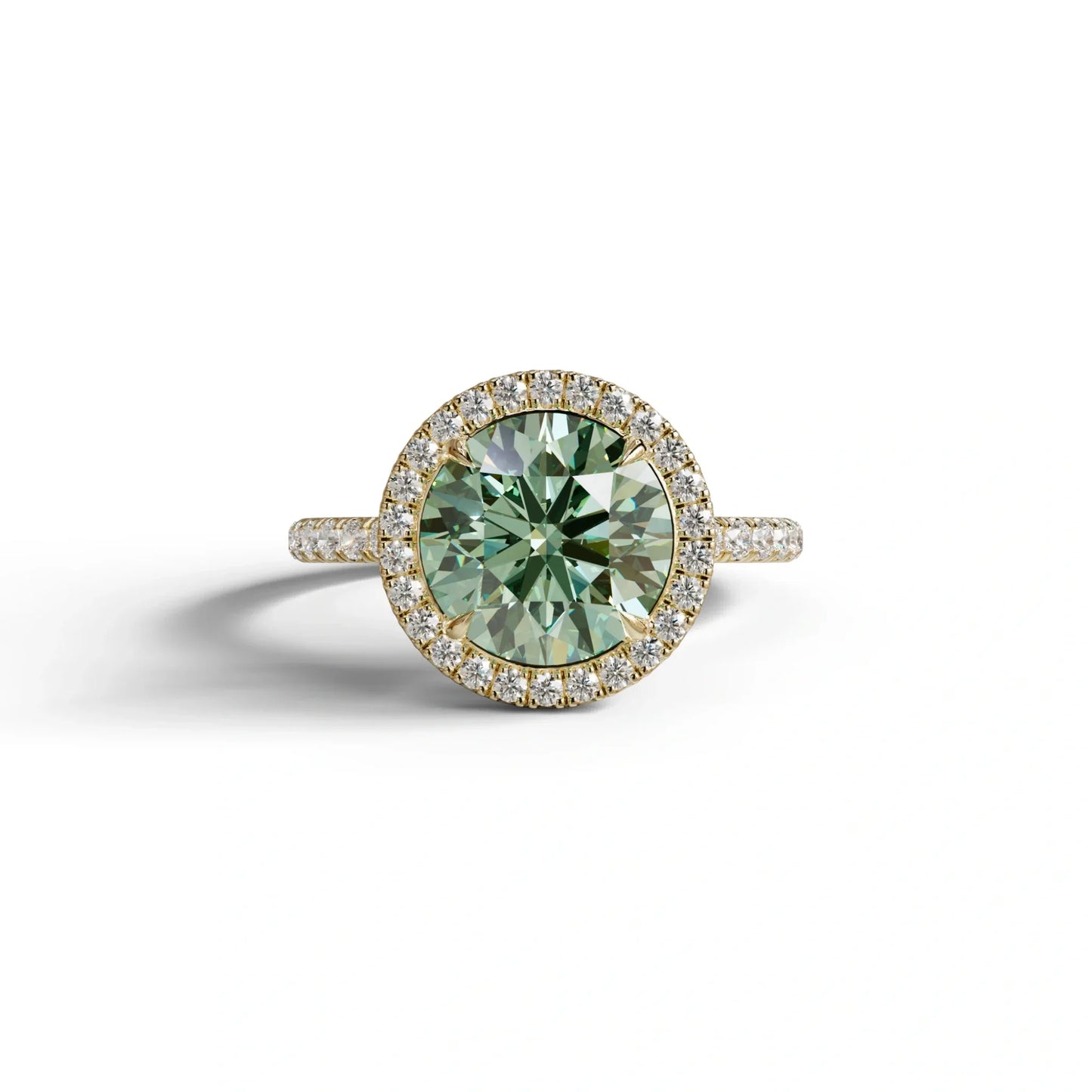 Halo & Pave Setting Round Green Lab Diamond Ring - Flutura - 2 Carat / 10K Solid Gold / Yellow Gold