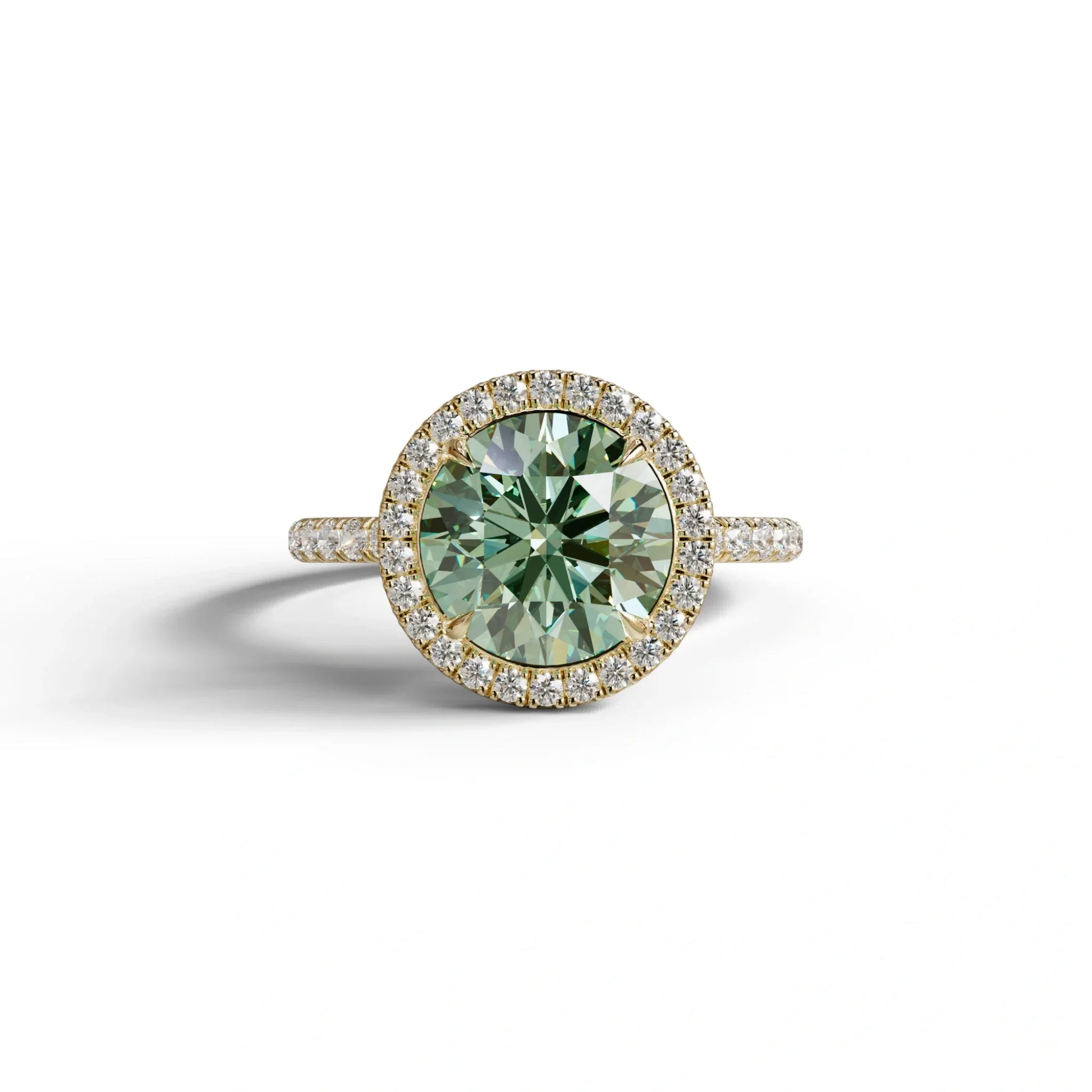 Halo & Pave Setting Round Green Lab Diamond Ring - Flutura - 2 Carat / 10K Solid Gold / Yellow Gold