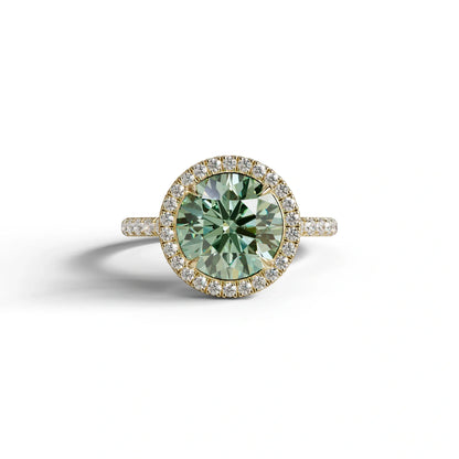 Halo & Pave Setting Round Green Lab Diamond Ring - Flutura - 2 Carat / 10K Solid Gold / Yellow Gold