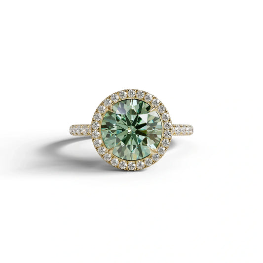 Halo & Pave Setting Round Green Lab Diamond Ring - Flutura - 2 Carat / 10K Solid Gold / Yellow Gold