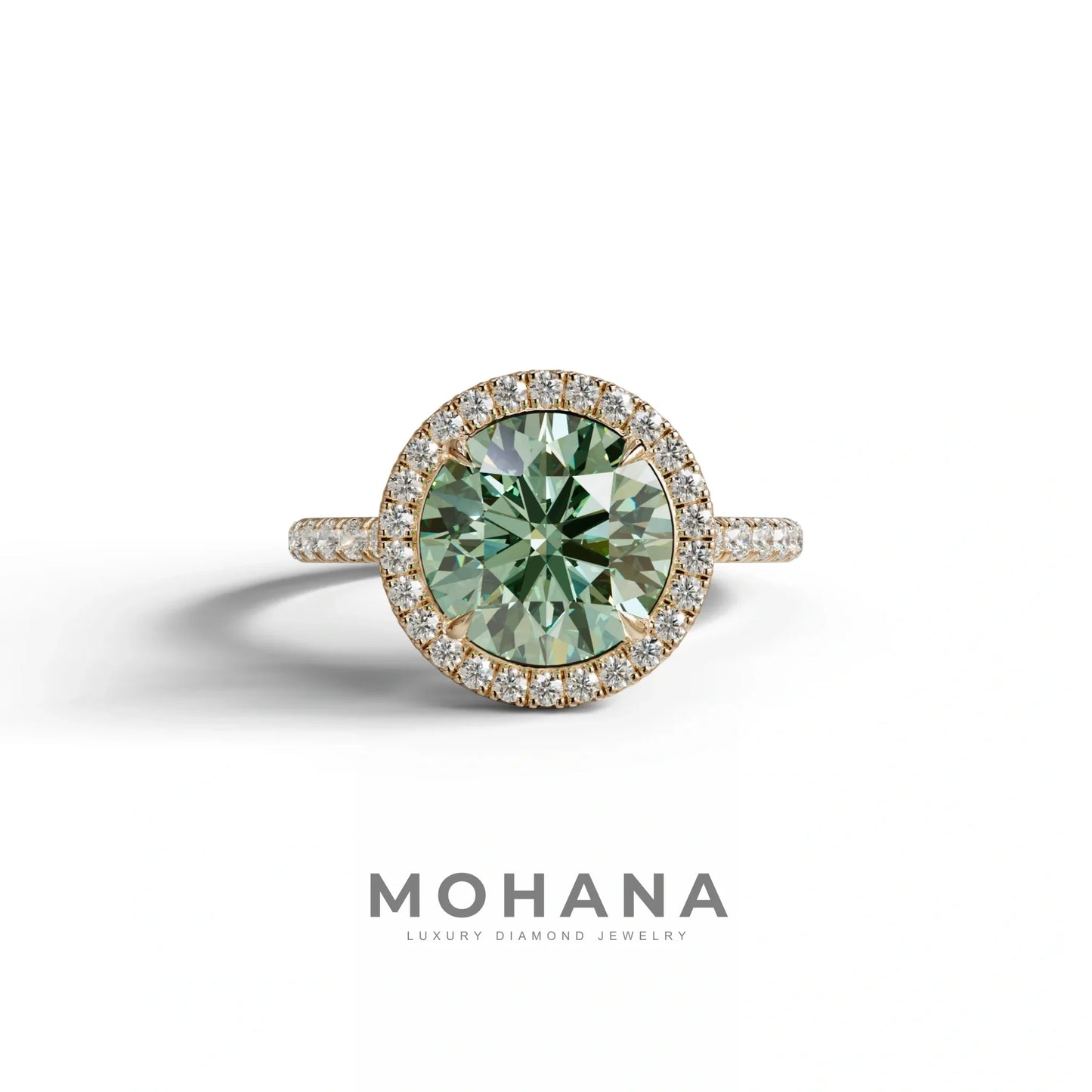 Halo & Pave Setting Round Green Lab Diamond Ring - Flutura - 2 Carat / 10K Solid Gold / Rose Gold