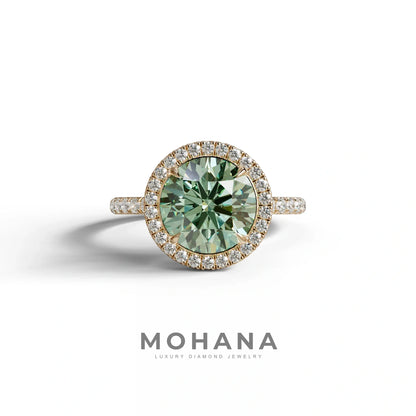 Halo & Pave Setting Round Green Lab Diamond Ring - Flutura - 2 Carat / 10K Solid Gold / Rose Gold