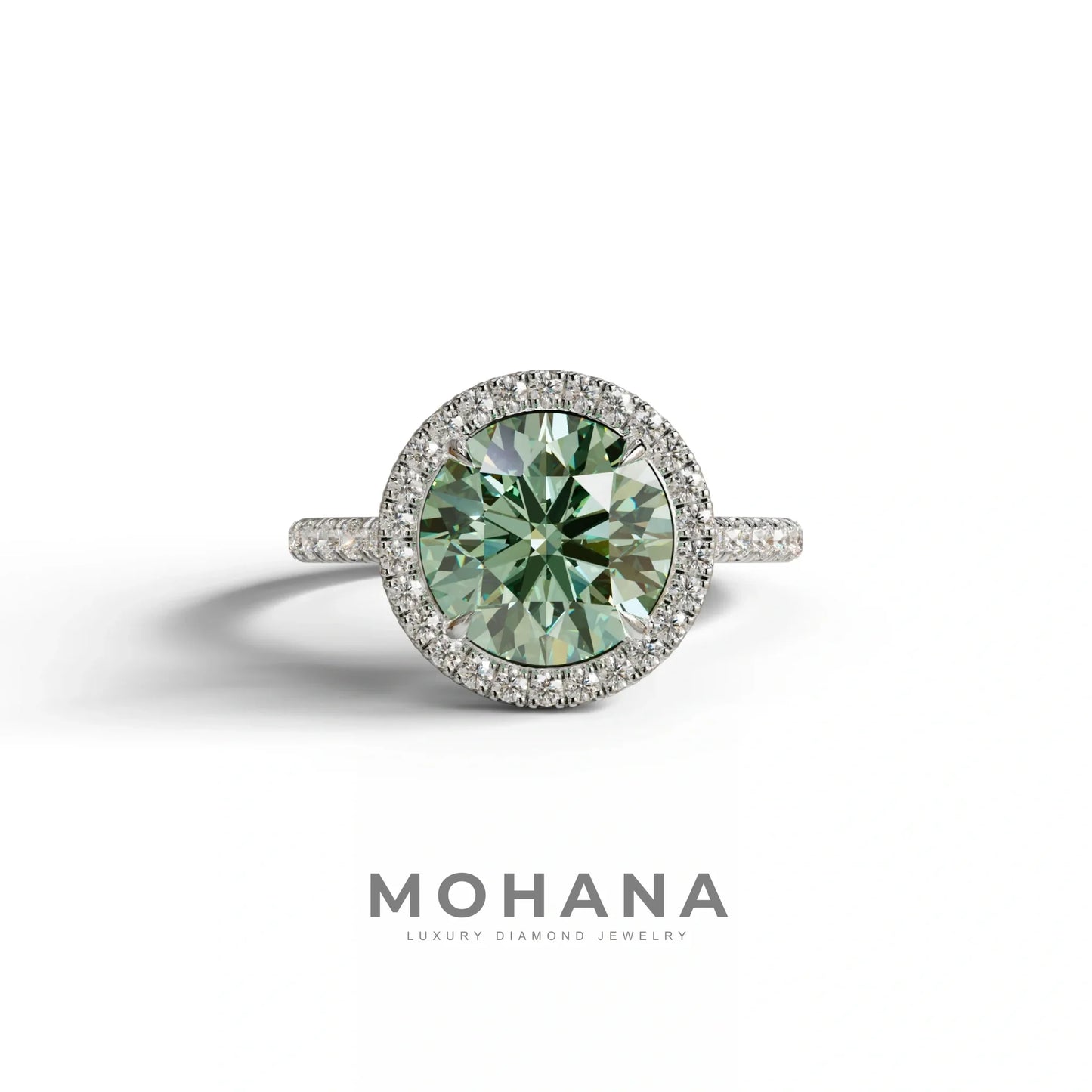 Halo & Pave Setting Round Green Lab Diamond Ring - Flutura - 2 Carat / 10K Solid Gold / White Gold