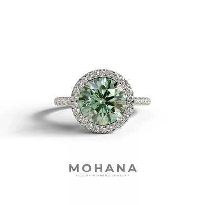 Halo & Pave Setting Round Green Lab Diamond Ring - Flutura - 2 Carat / 10K Solid Gold / White Gold