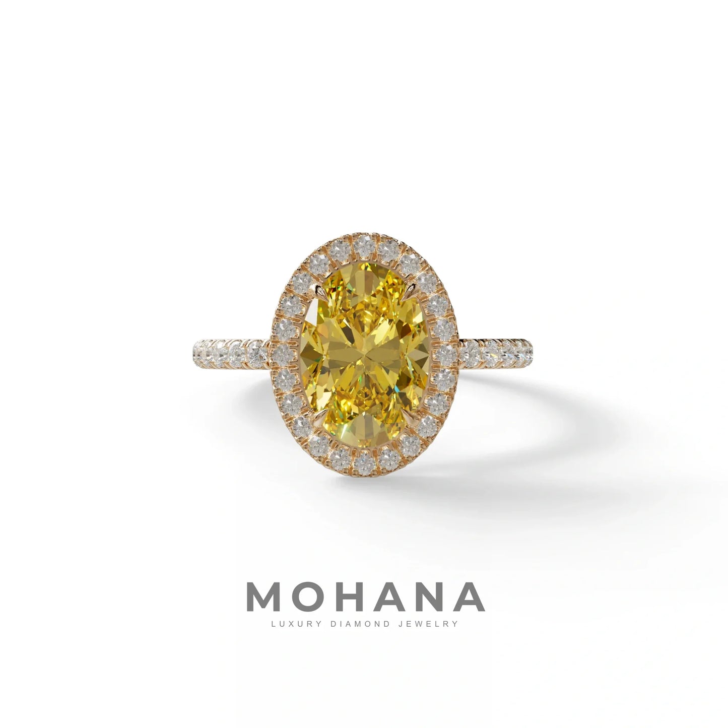 Yellow Oval Cut Halo & Pave Lab Grown Diamond Engagement Ring - AnnaBella - 2 Carat / 10K Solid Gold / Rose Gold