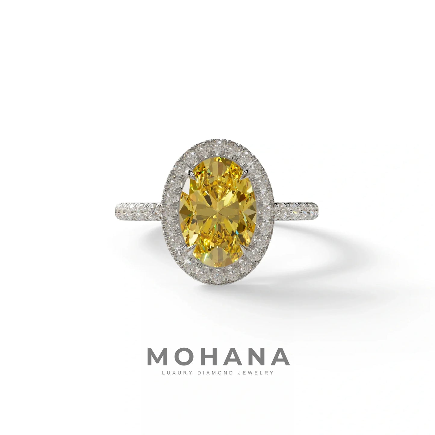 Yellow Oval Cut Halo & Pave Lab Grown Diamond Engagement Ring - AnnaBella - 2 Carat / 10K Solid Gold / White Gold