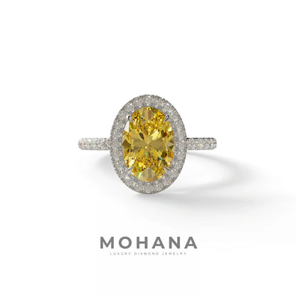 Yellow Oval Cut Halo & Pave Lab Grown Diamond Engagement Ring - AnnaBella - 2 Carat / 10K Solid Gold / White Gold