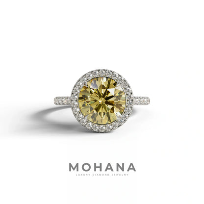 Halo & Pave Setting Round Yellow Lab Diamond Ring - Flutura - 2 Carat / 10K Solid Gold / White Gold