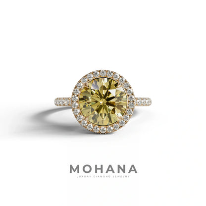 Halo & Pave Setting Round Yellow Lab Diamond Ring - Flutura - 2 Carat / 10K Solid Gold / Rose Gold